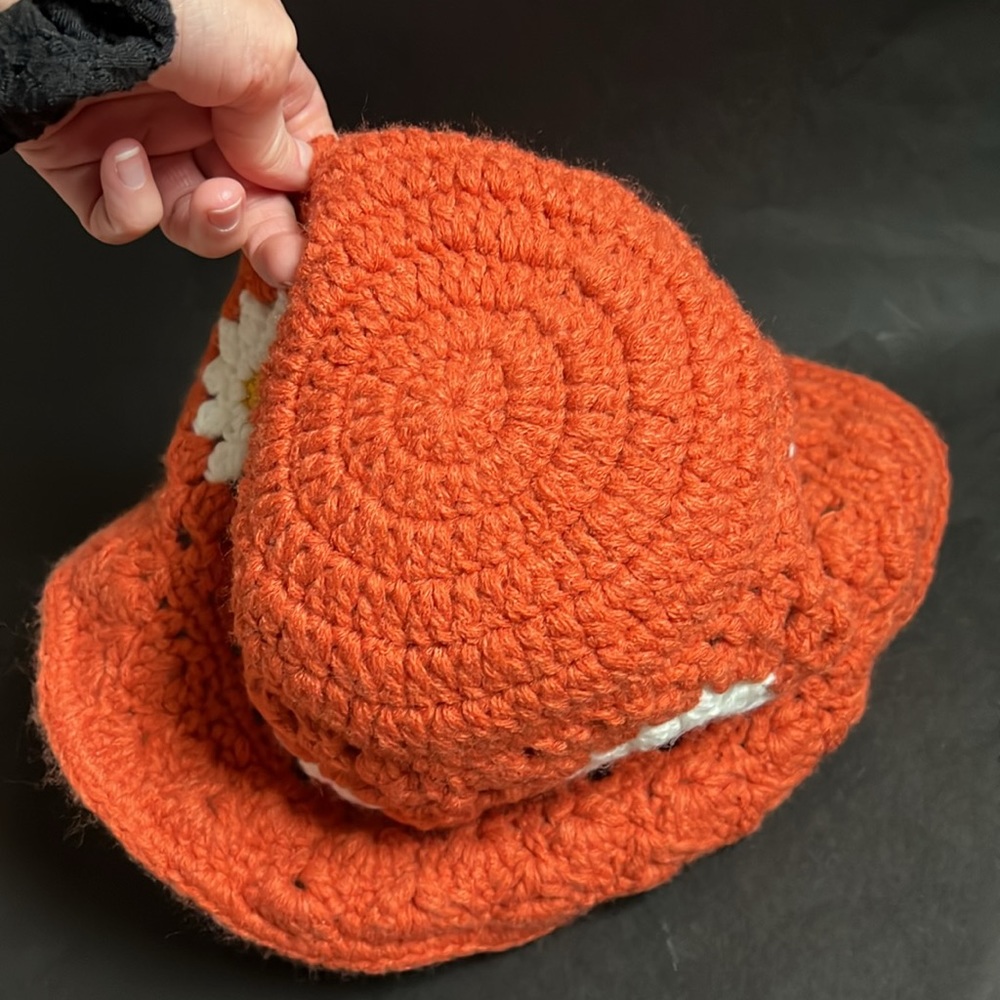 Handmade Orange Daisy Flower Crochet Bucket Hat - Picture 3 of 5